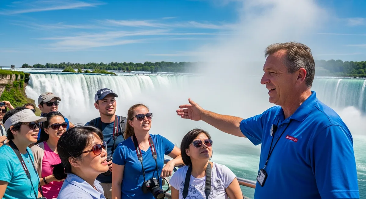 Tour guide showing guests the view of Niagara Falls