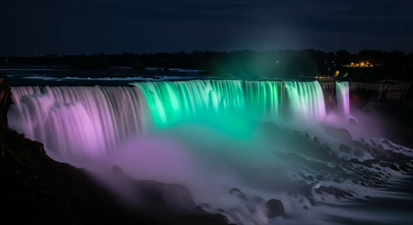 Horseshoe Falls illuminated in teal and violet light at night