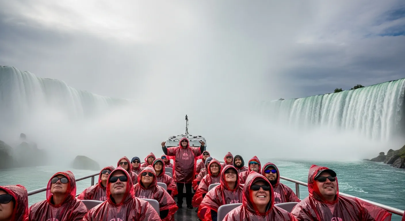 View from a Niagara tour boat approaching the base of Horseshoe Falls through rising mist