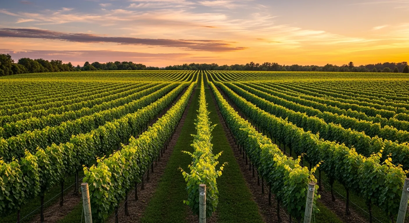 A Niagara wine country vineyard at golden hour